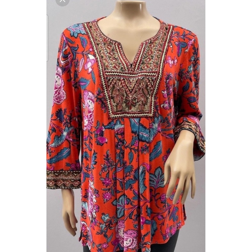 Soft Surroundings Womens M Orange Floral Beaded V-Neck Pleated Tunic 2CK98